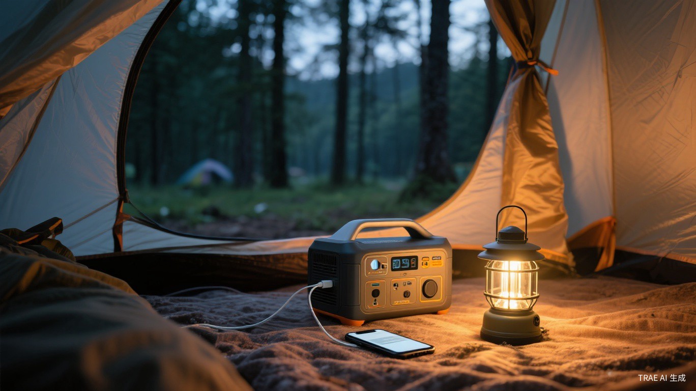 Compact power station inside camping tent