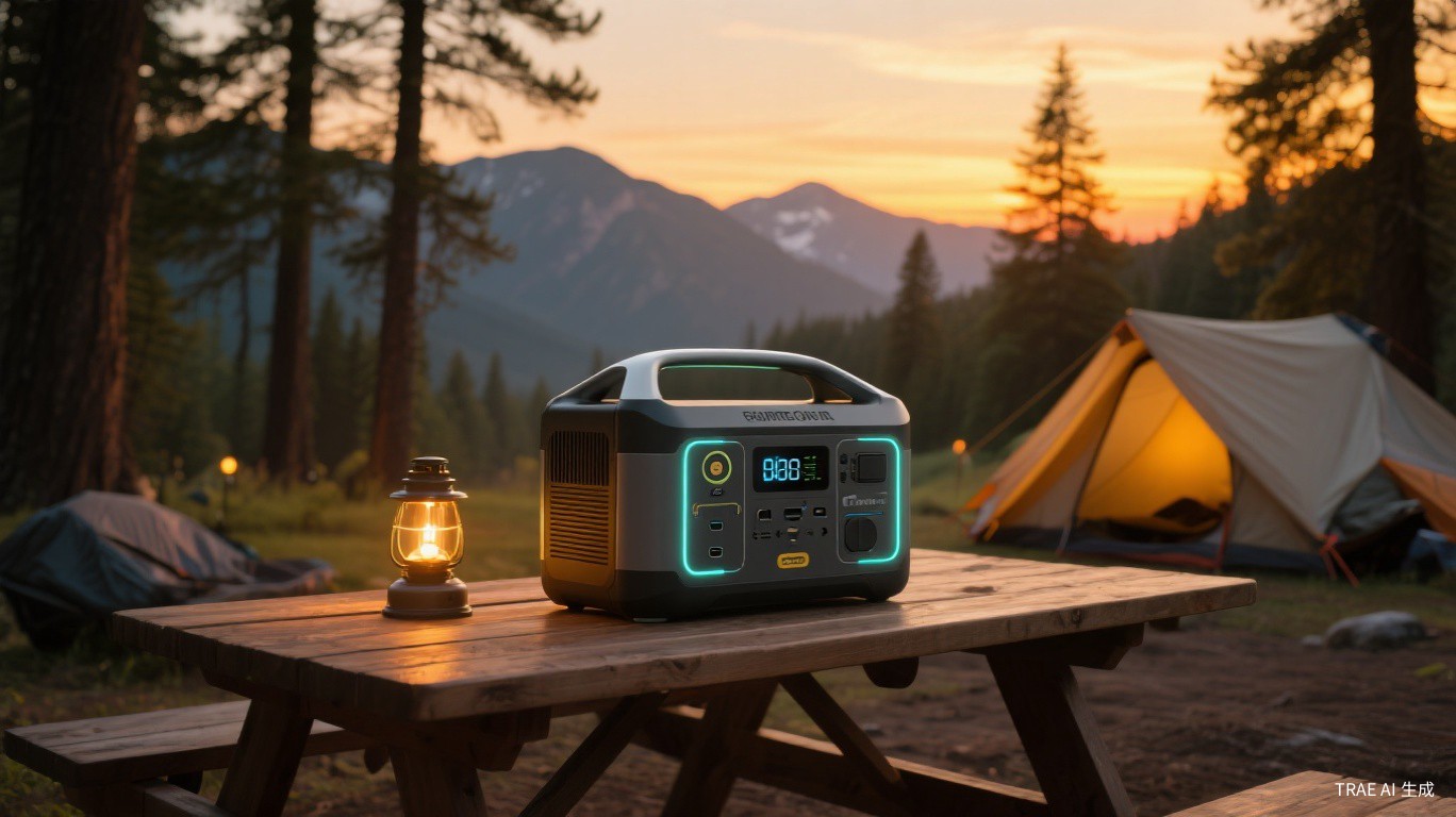 Portable power station at campsite sunset